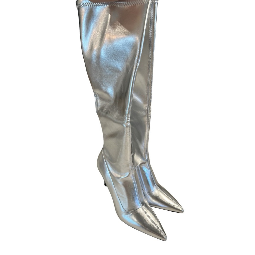 Open Edit Women's Viv Knee High Boots Metallic Pointed‎ Toe Stiletto 8 M Silver